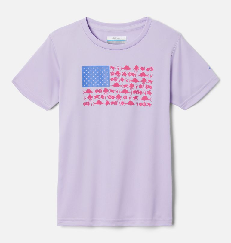 Thumbnail: Girls' PFG Tidal Tee Heart Short Sleeve Shirt, Color: Soft Violet, Fish Friends Flag Graphic, image 1