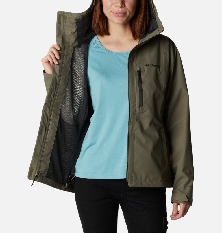 Chaqueta con capucha verde en tejido impermeable Pouring Adventure