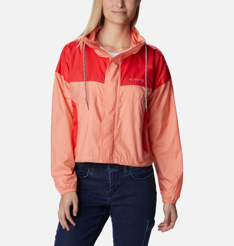Thumbnail: Women's Flash Challenger Cropped Windbreaker Jacket, Color: Coral Reef, Red Hibiscus, image 1