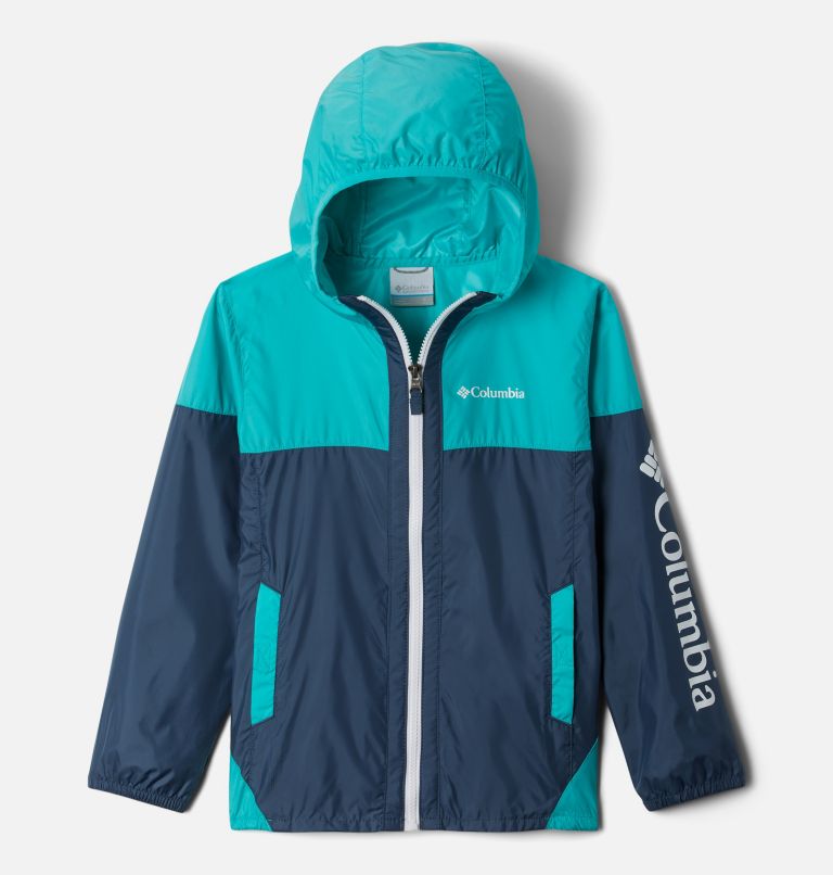 Kids' Flash Challenger Windbreaker Jacket, Color: Dark Mountain, Bright Aqua, image 1