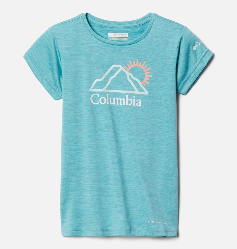 Thumbnail: Girls' Mission Peak Short Sleeve Graphic T-Shirt, Color: Sea Wave Heather Bright Peaks, image 1