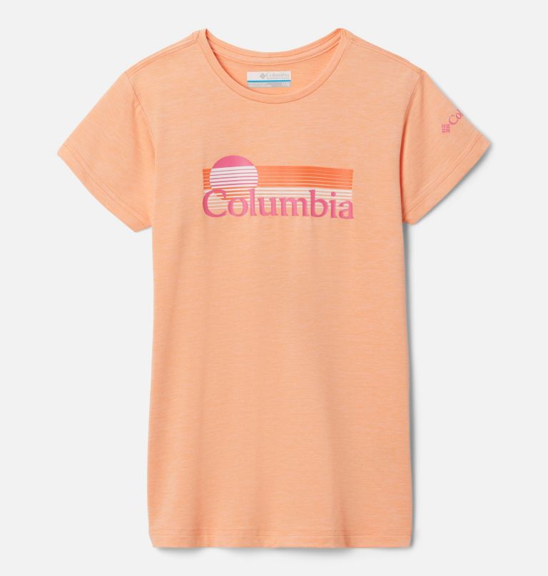Girls’ Mission Peak Technical Graphic T-Shirt, Color: Peach Hthr, Inverted Stripes Graphic, image 1