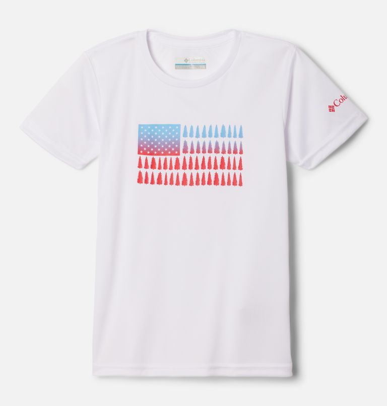Thumbnail: Girls' Mirror Creek Short Sleeve Graphic T-Shirt, Color: White, Patriotic Pines Graphic, image 1