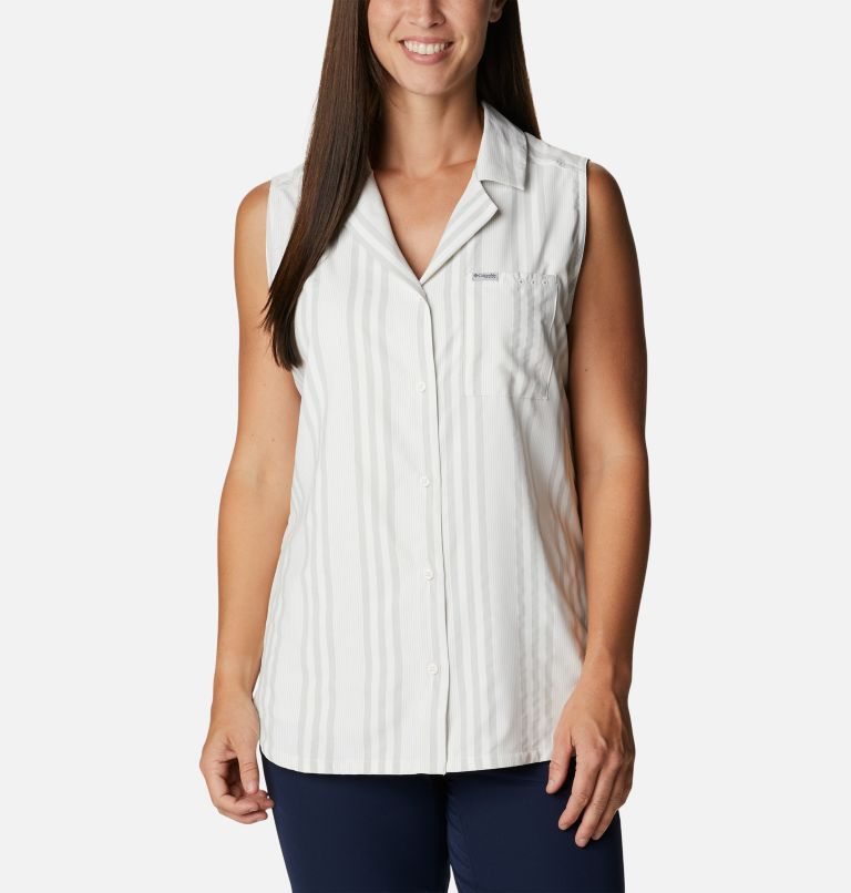 Women's Sun Drifter Woven Sleeveless Shirt, Color: Cool Grey Stripe