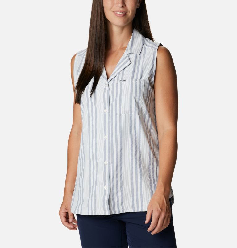 Women's PFG Sun Drifter Woven Sleeveless Shirt, Color: Collegiate Navy Stripe, image 1
