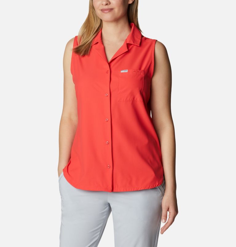 Women's PFG Sun Drifter Woven Sleeveless Shirt, Color: Red Hibiscus, image 1