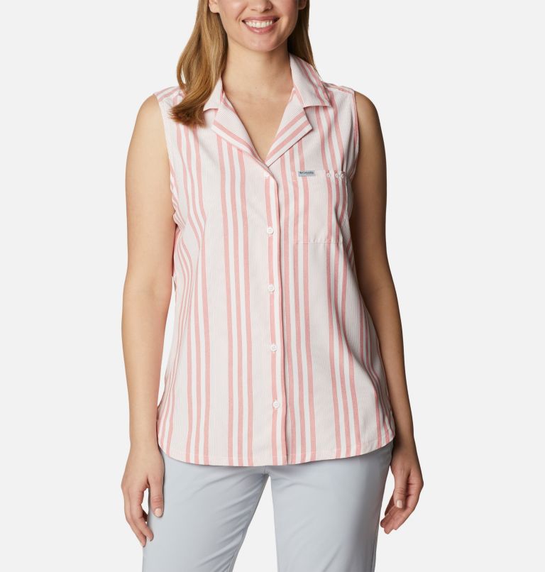 Women's PFG Sun Drifter Woven Sleeveless Shirt, Color: Red Spark Stripe, image 1
