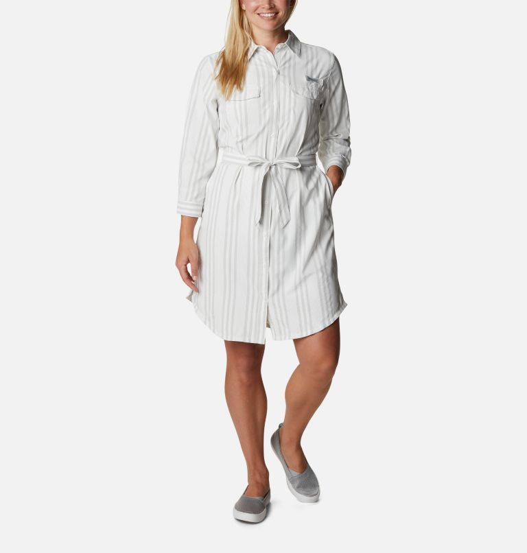 Women's PFG Sun Drifter Woven Dress, Color: Cool Grey Stripe, image 1