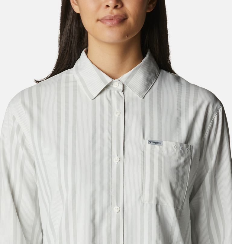 Women's PFG Sun Drifter Woven Long Sleeve Shirt, Color: Cool Grey Stripe, image 4