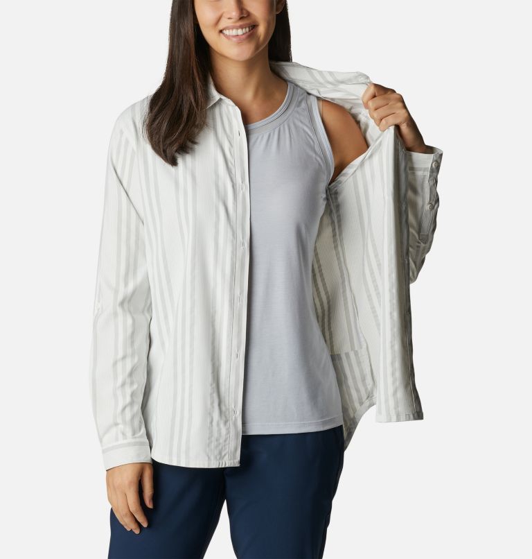 Women's PFG Sun Drifter Woven Long Sleeve Shirt, Color: Cool Grey Stripe, image 6