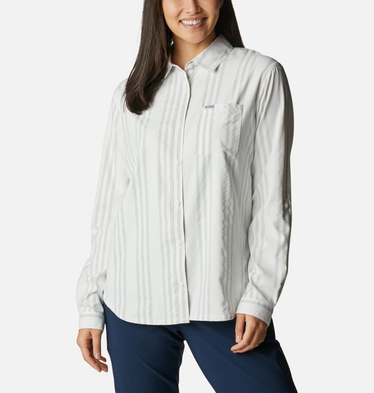Thumbnail: Women's PFG Sun Drifter Woven Long Sleeve Shirt, Color: Cool Grey Stripe, image 1