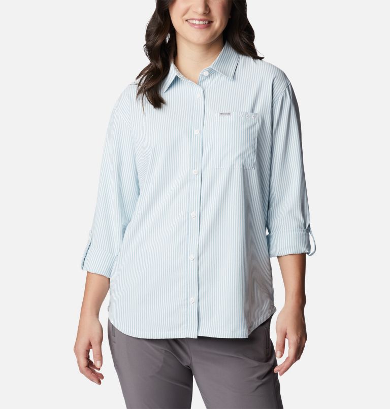 Women's PFG Sun Drifter Woven Long Sleeve Shirt, Color: Sea Wave, Oxford Stripe, image 6