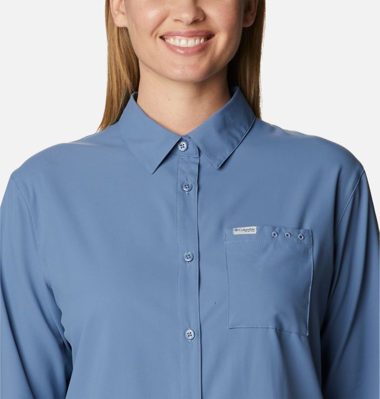 Women's PFG Sun Drifter Woven Long Sleeve Shirt, Color: Bluestone, image 4