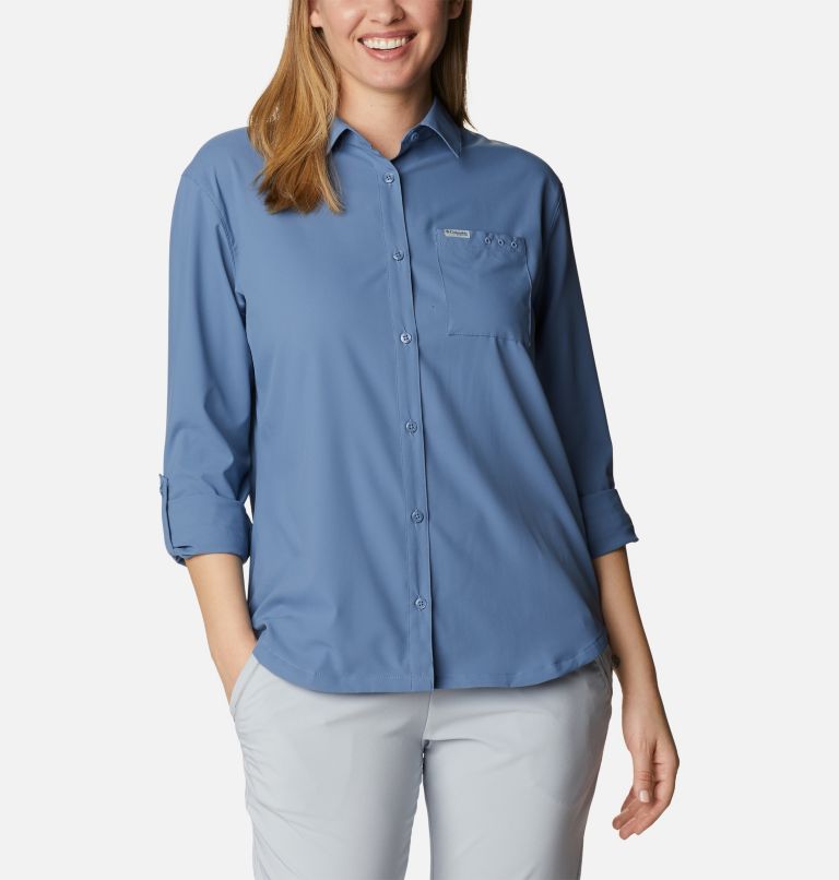 Women's PFG Sun Drifter Woven Long Sleeve Shirt, Color: Bluestone, image 7