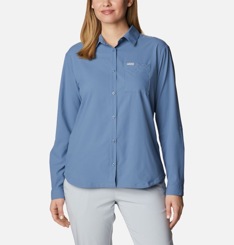 Women's PFG Sun Drifter Woven Long Sleeve Shirt, Color: Bluestone