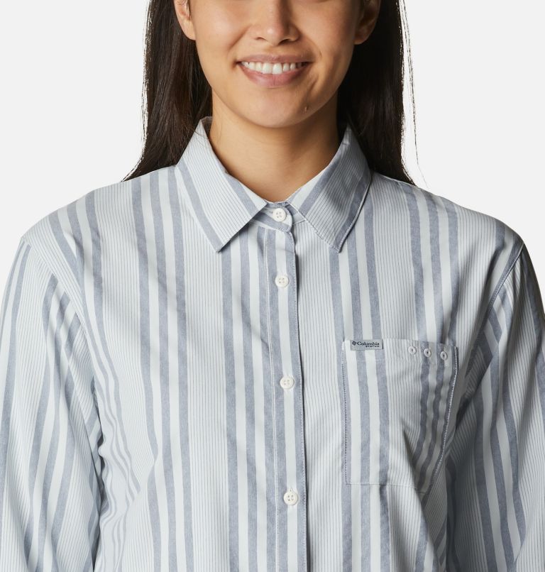 Women's PFG Sun Drifter Woven Long Sleeve Shirt, Color: Collegiate Navy Stripe, image 4