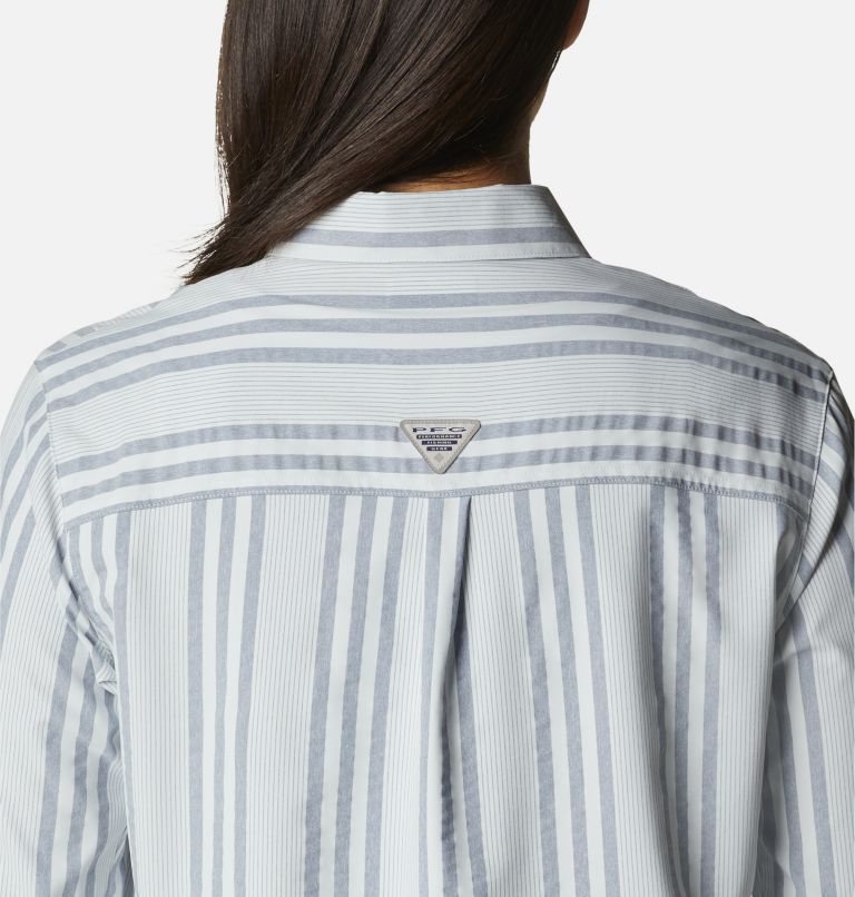 Women's PFG Sun Drifter Woven Long Sleeve Shirt, Color: Collegiate Navy Stripe, image 5