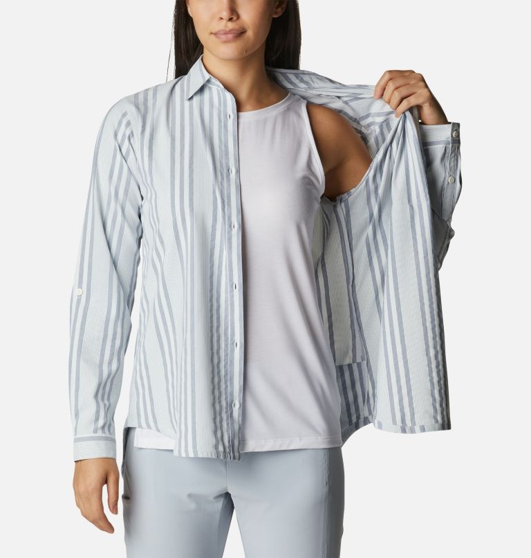 Women's PFG Sun Drifter Woven Long Sleeve Shirt, Color: Collegiate Navy Stripe, image 6