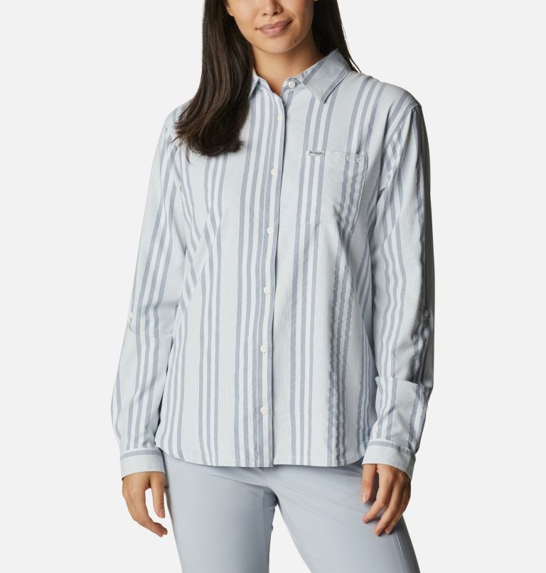 Thumbnail: Women's PFG Sun Drifter Woven Long Sleeve Shirt, Color: Collegiate Navy Stripe, image 1