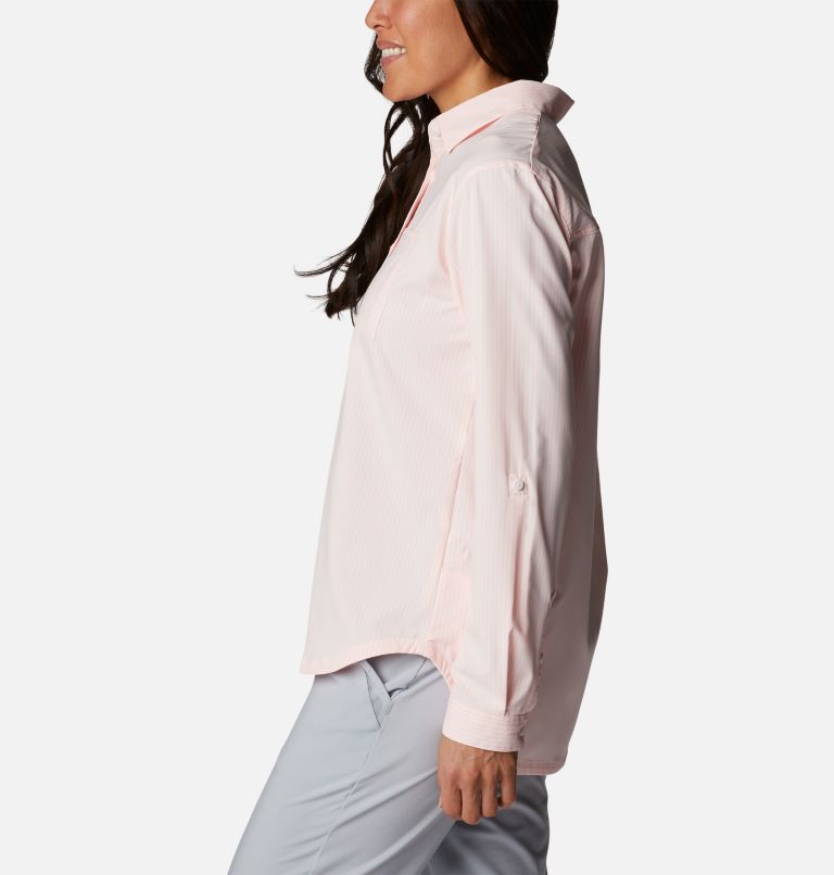 Women's PFG Sun Drifter Woven Long Sleeve Shirt, Color: Tiki Pink, Oxford Stripe, image 3