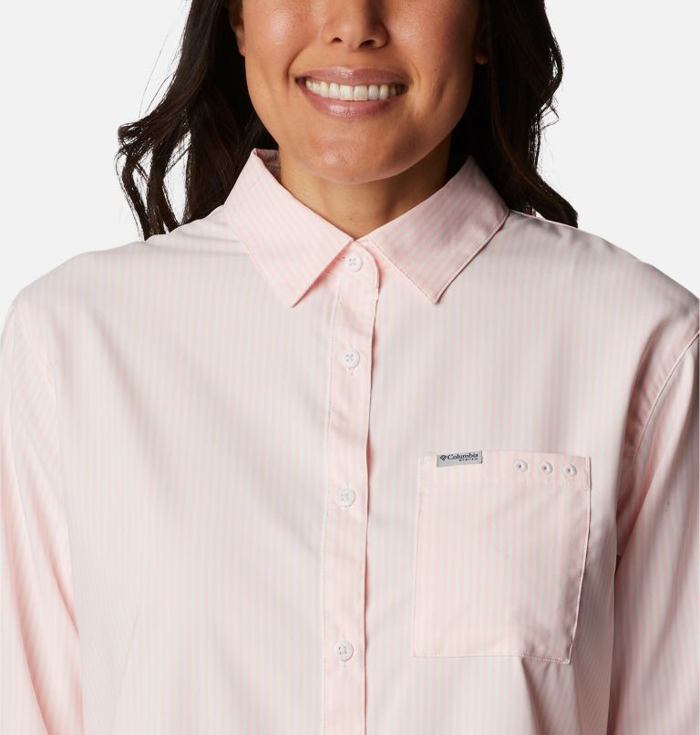 Thumbnail: Women's PFG Sun Drifter Woven Long Sleeve Shirt, Color: Tiki Pink, Oxford Stripe, image 4