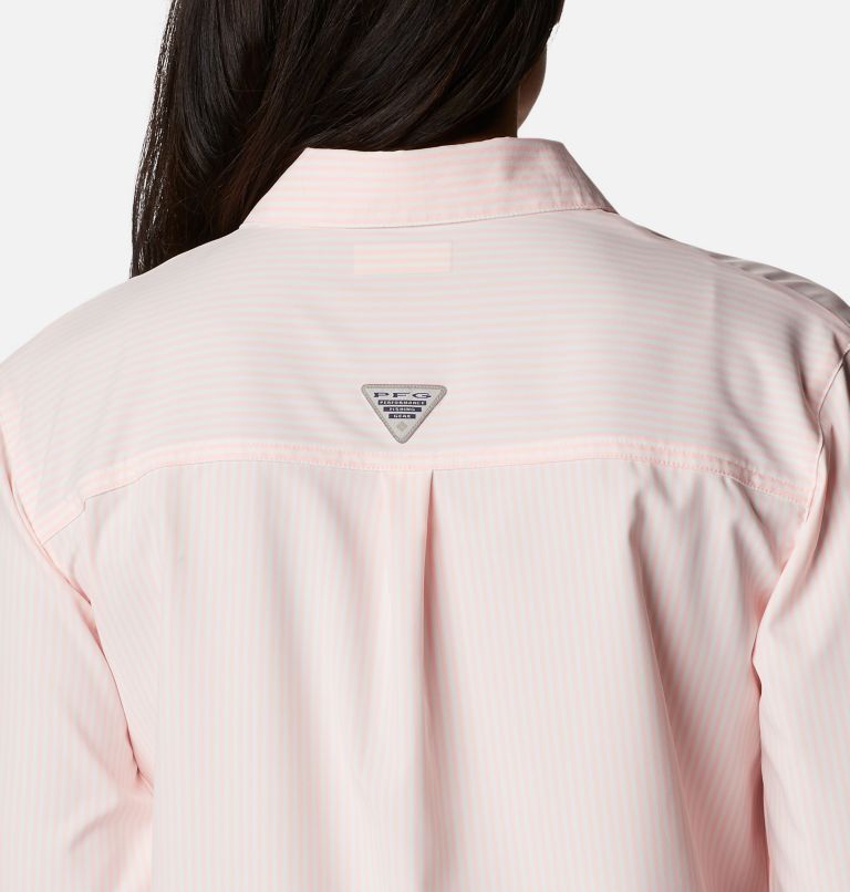 Thumbnail: Women's PFG Sun Drifter Woven Long Sleeve Shirt, Color: Tiki Pink, Oxford Stripe, image 5