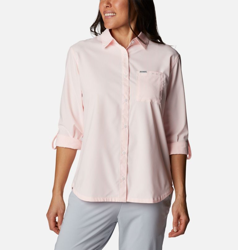 Thumbnail: Women's PFG Sun Drifter Woven Long Sleeve Shirt, Color: Tiki Pink, Oxford Stripe, image 7