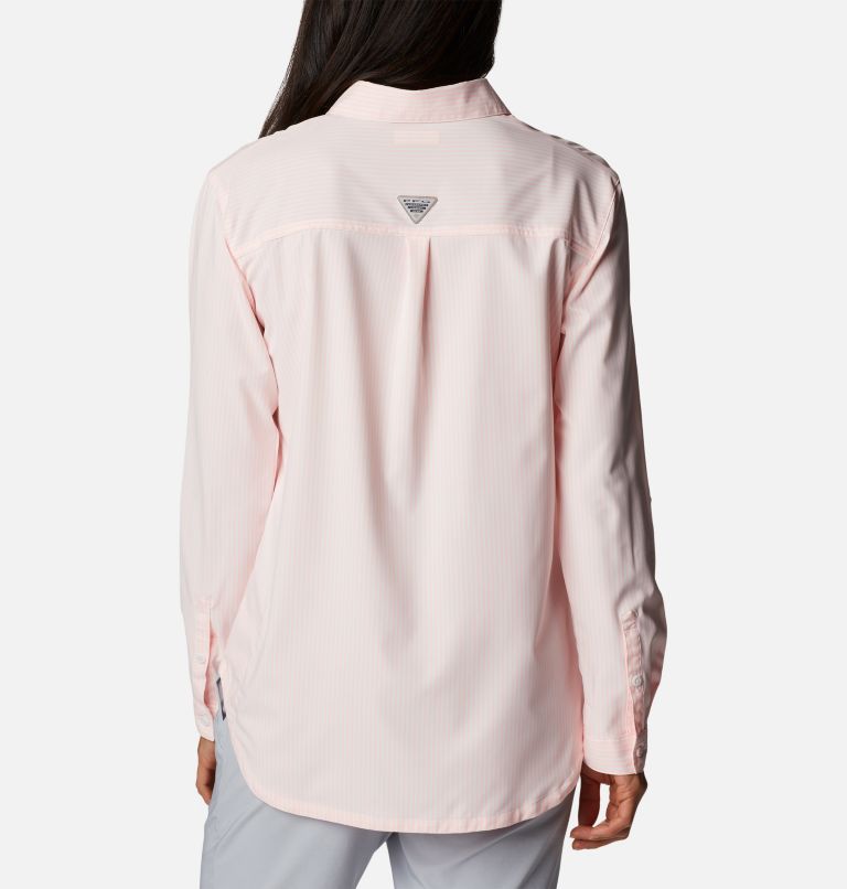 Women's PFG Sun Drifter Woven Long Sleeve Shirt, Color: Tiki Pink, Oxford Stripe, image 2