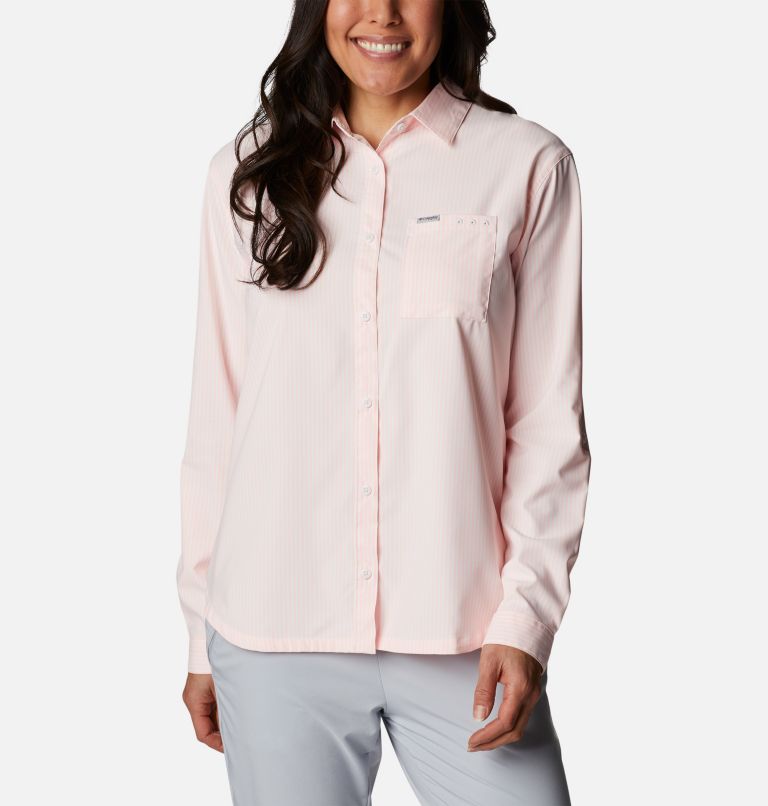 Women's PFG Sun Drifter Woven Long Sleeve Shirt, Color: Tiki Pink, Oxford Stripe, image 1
