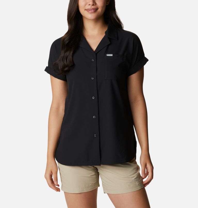 Women's PFG Sun Drifter Woven Short Sleeve Shirt, Color: Black, image 1