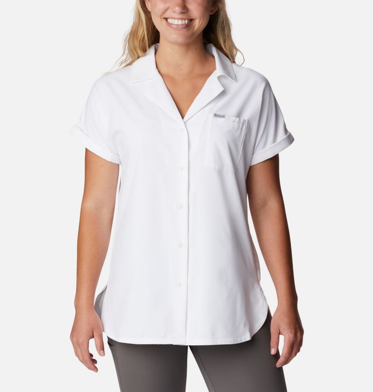 Women's PFG Sun Drifter Woven Short Sleeve Shirt, Color: White, image 1