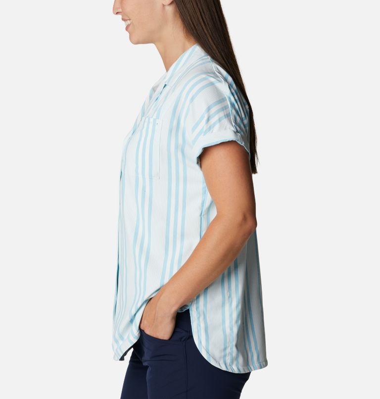 Women's PFG Sun Drifter Woven Short Sleeve Shirt, Color: Atoll Stripe, image 3