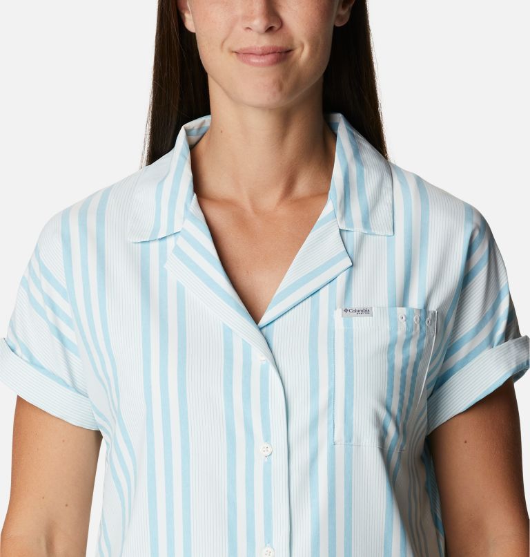 Women's PFG Sun Drifter Woven Short Sleeve Shirt, Color: Atoll Stripe, image 4