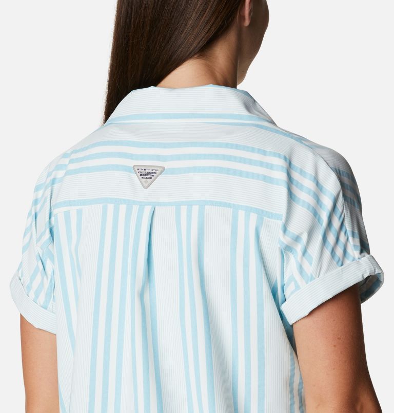 Women's PFG Sun Drifter Woven Short Sleeve Shirt, Color: Atoll Stripe, image 5