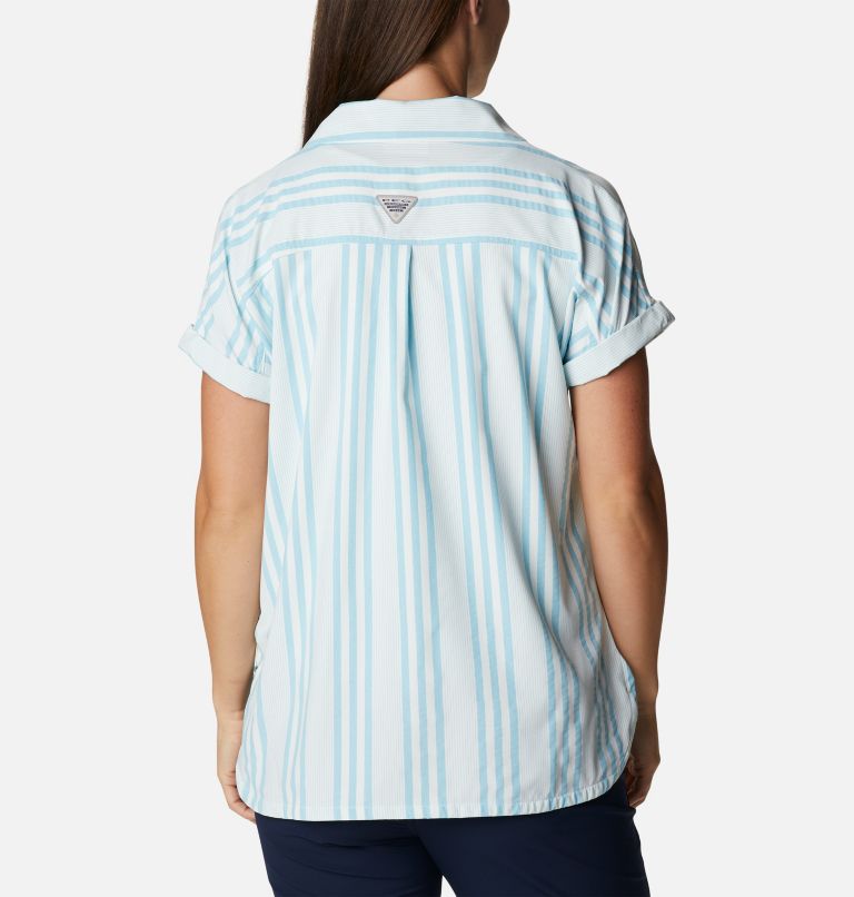 Women's PFG Sun Drifter Woven Short Sleeve Shirt, Color: Atoll Stripe, image 2