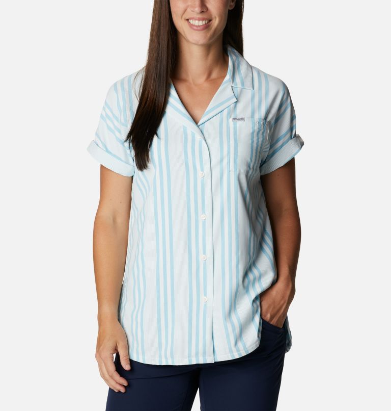 Women's PFG Sun Drifter Woven Short Sleeve Shirt, Color: Atoll Stripe, image 1