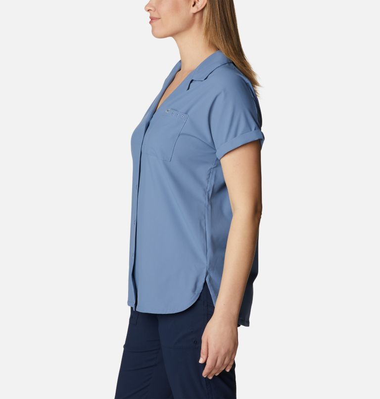 Women's PFG Sun Drifter Woven Short Sleeve Shirt, Color: Bluestone, image 3