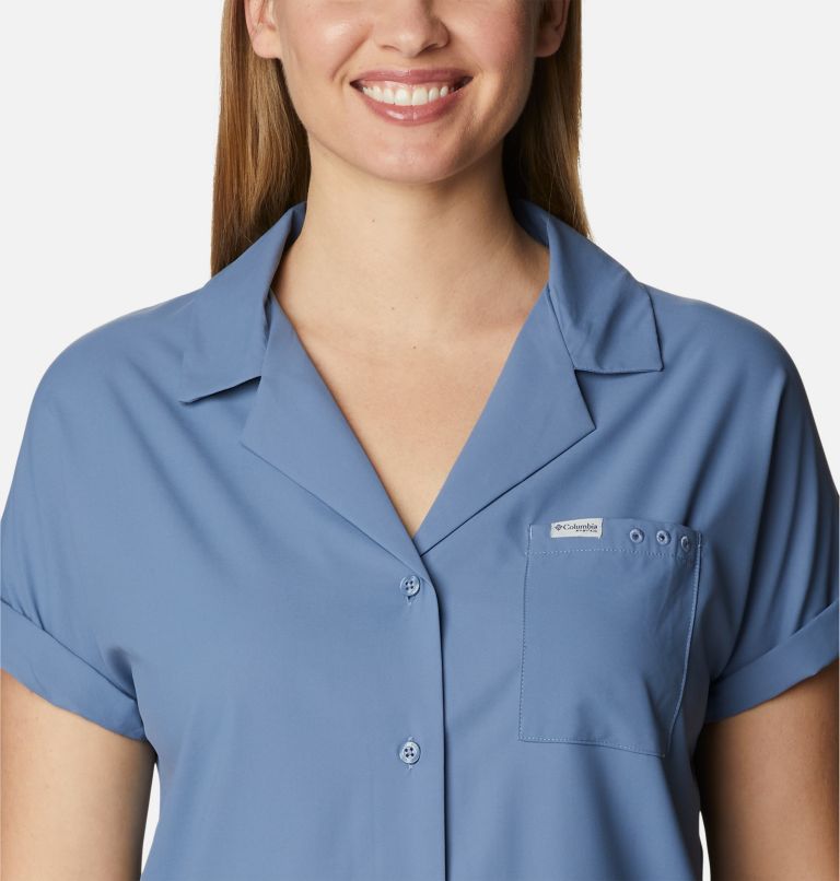 Women's PFG Sun Drifter Woven Short Sleeve Shirt, Color: Bluestone