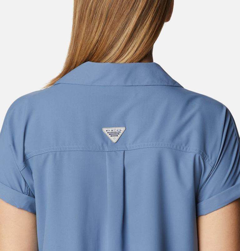 Women's PFG Sun Drifter Woven Short Sleeve Shirt, Color: Bluestone