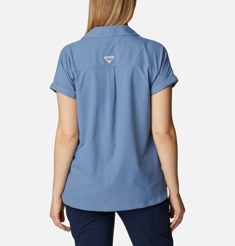 Women's PFG Sun Drifter Woven Short Sleeve Shirt, Color: Bluestone, image 2