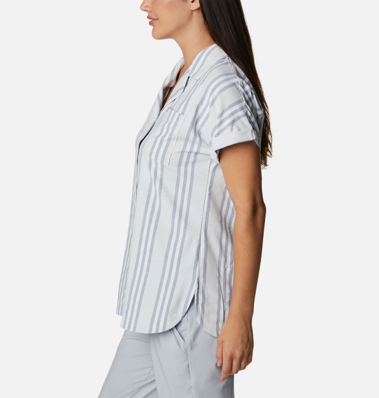 Women's PFG Sun Drifter Woven Short Sleeve Shirt, Color: Collegiate Navy Stripe, image 3