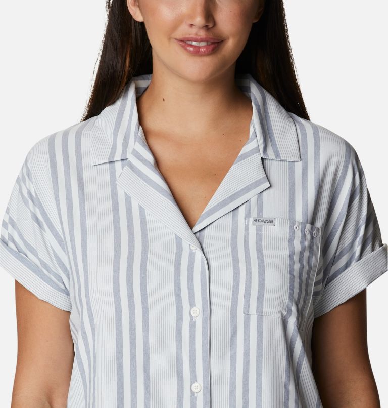 Women's PFG Sun Drifter Woven Short Sleeve Shirt, Color: Collegiate Navy Stripe, image 4