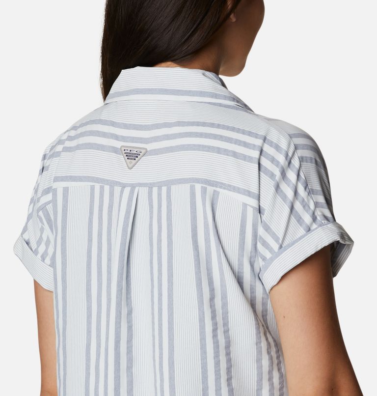 Women's PFG Sun Drifter Woven Short Sleeve Shirt, Color: Collegiate Navy Stripe, image 5