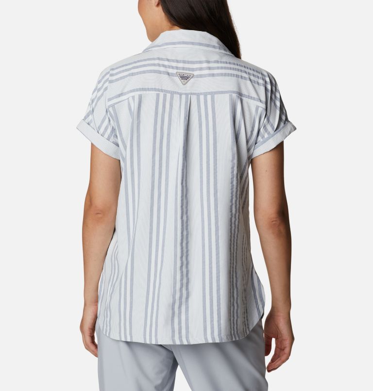 Women's PFG Sun Drifter Woven Short Sleeve Shirt, Color: Collegiate Navy Stripe, image 2
