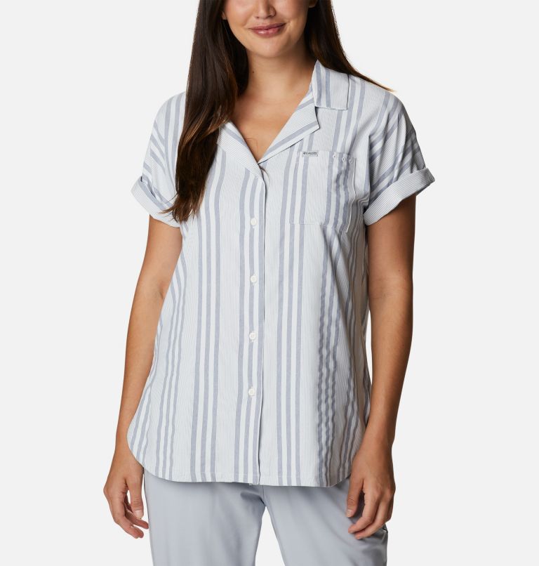 Women's PFG Sun Drifter Woven Short Sleeve Shirt, Color: Collegiate Navy Stripe, image 1