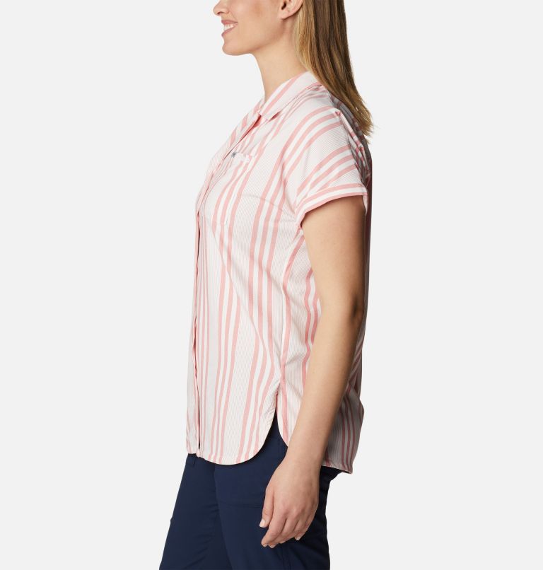 Women's PFG Sun Drifter Woven Short Sleeve Shirt, Color: Red Spark Stripe, image 3