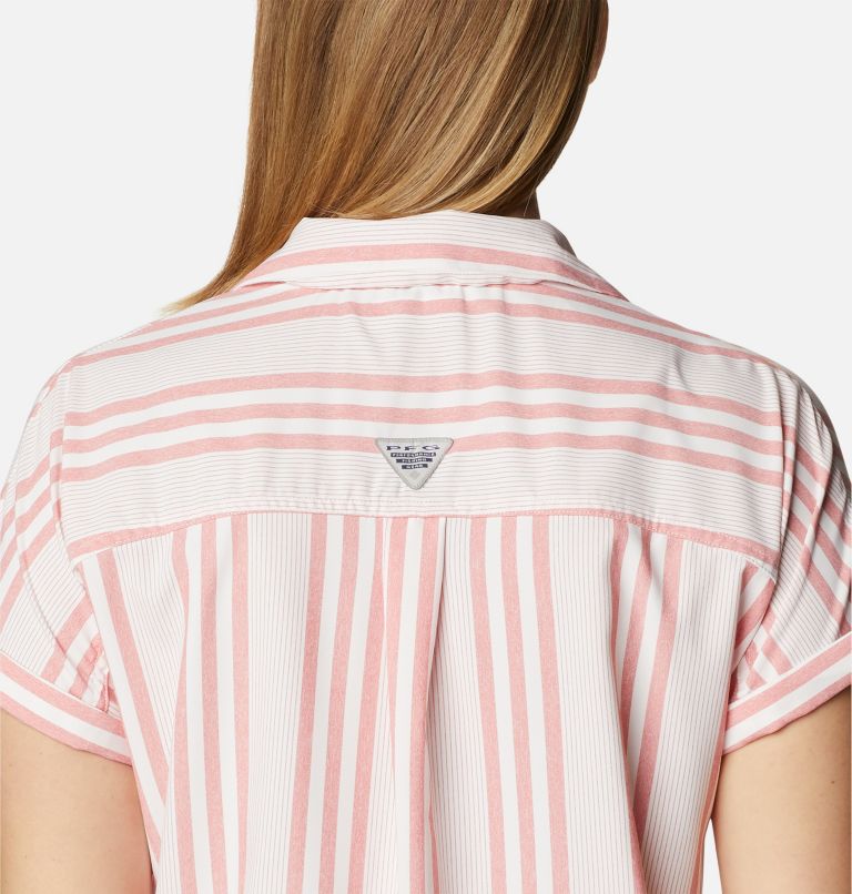 Women's PFG Sun Drifter Woven Short Sleeve Shirt, Color: Red Spark Stripe, image 5