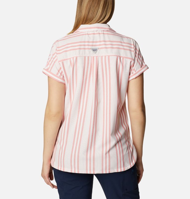 Women's PFG Sun Drifter Woven Short Sleeve Shirt, Color: Red Spark Stripe, image 2