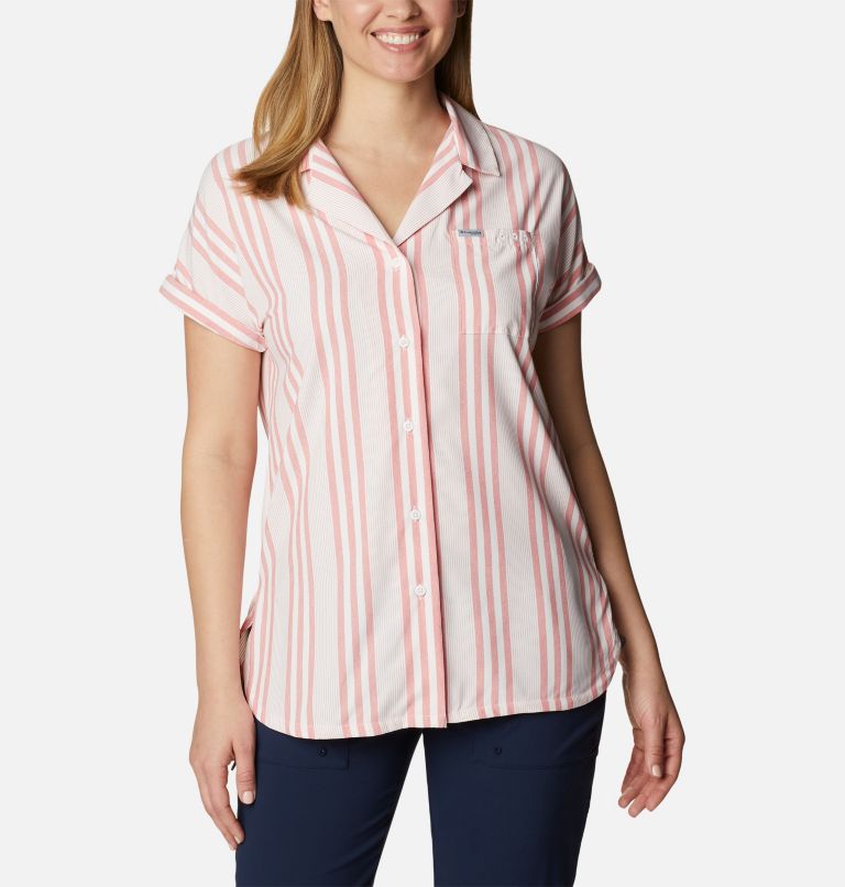 Women's PFG Sun Drifter Woven Short Sleeve Shirt, Color: Red Spark Stripe, image 1