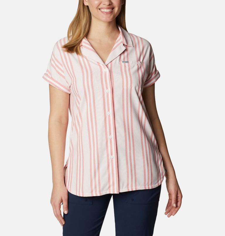 Thumbnail: Women's PFG Sun Drifter Woven Short Sleeve Shirt, Color: Red Spark Stripe, image 1